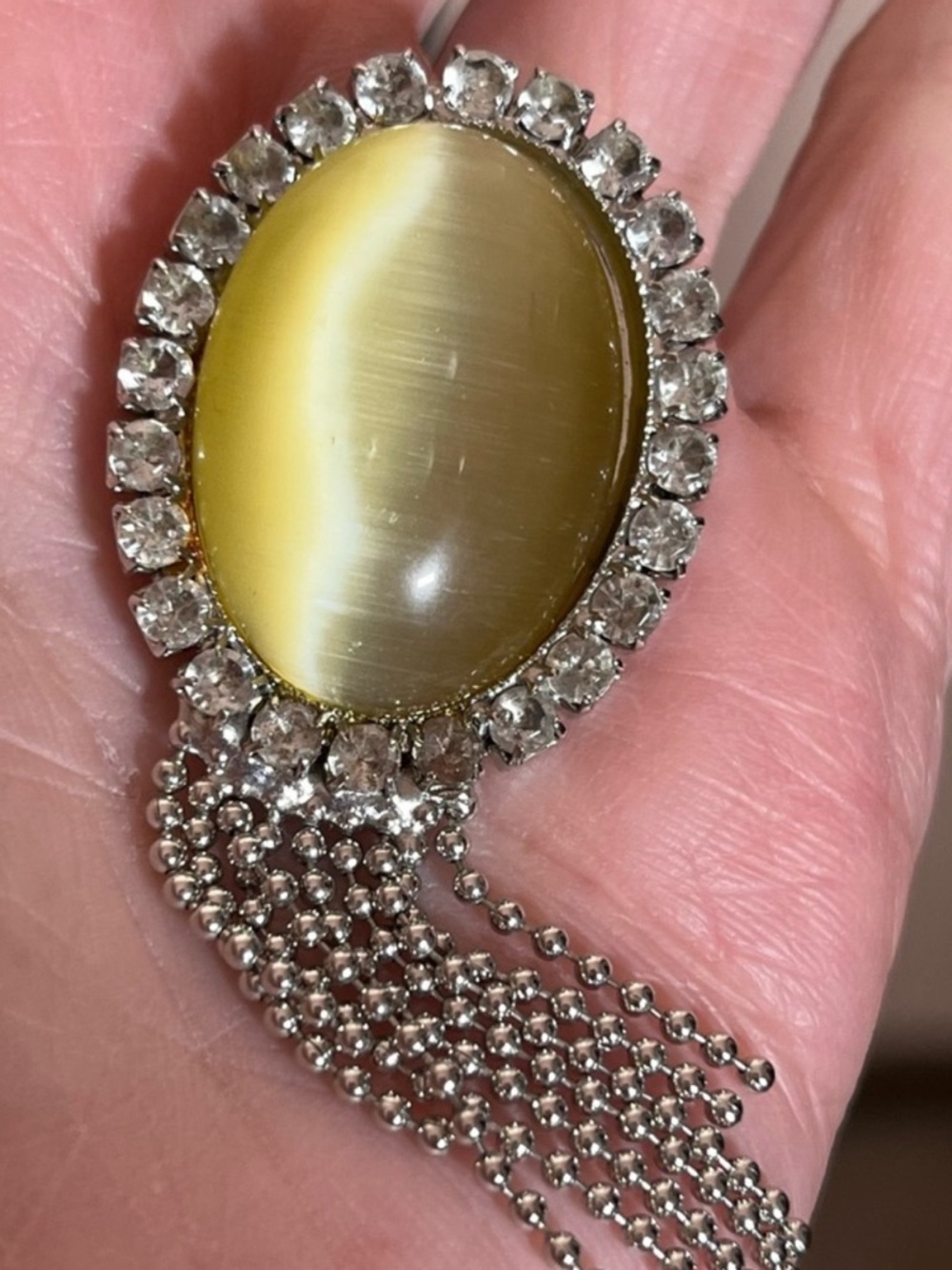 Vintage Cats Eye Tassel Silver Tone Cabochon Brooch
